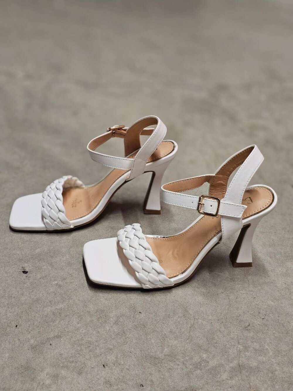 White Braided Strap High Heel Sandals With Square Toe & Adjustable Buckle Closur - Picture 8 of 16